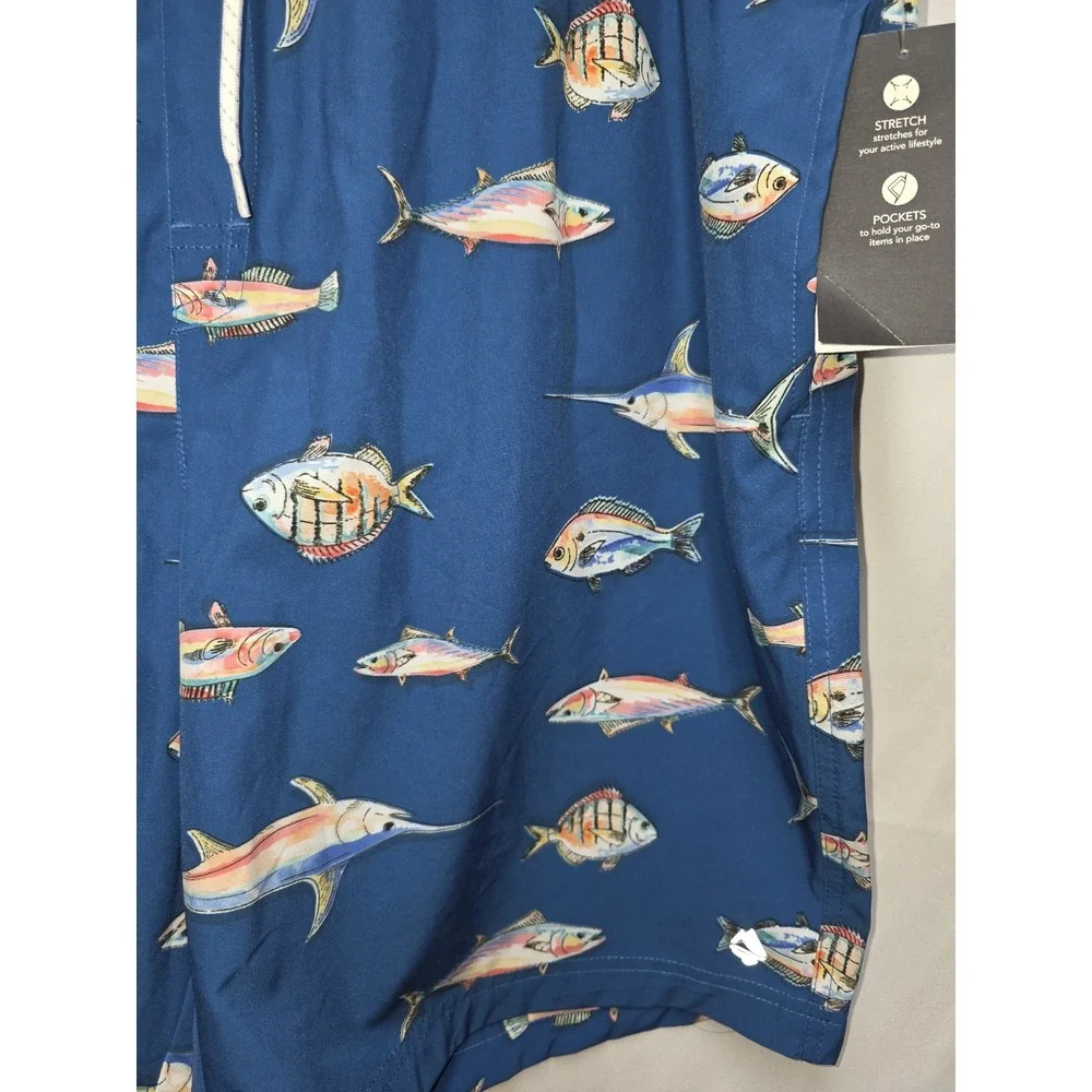 Mens Ocean Coast Lined Swim Shorts Blue Rainbow Fish New Sz XL Coastal Beach